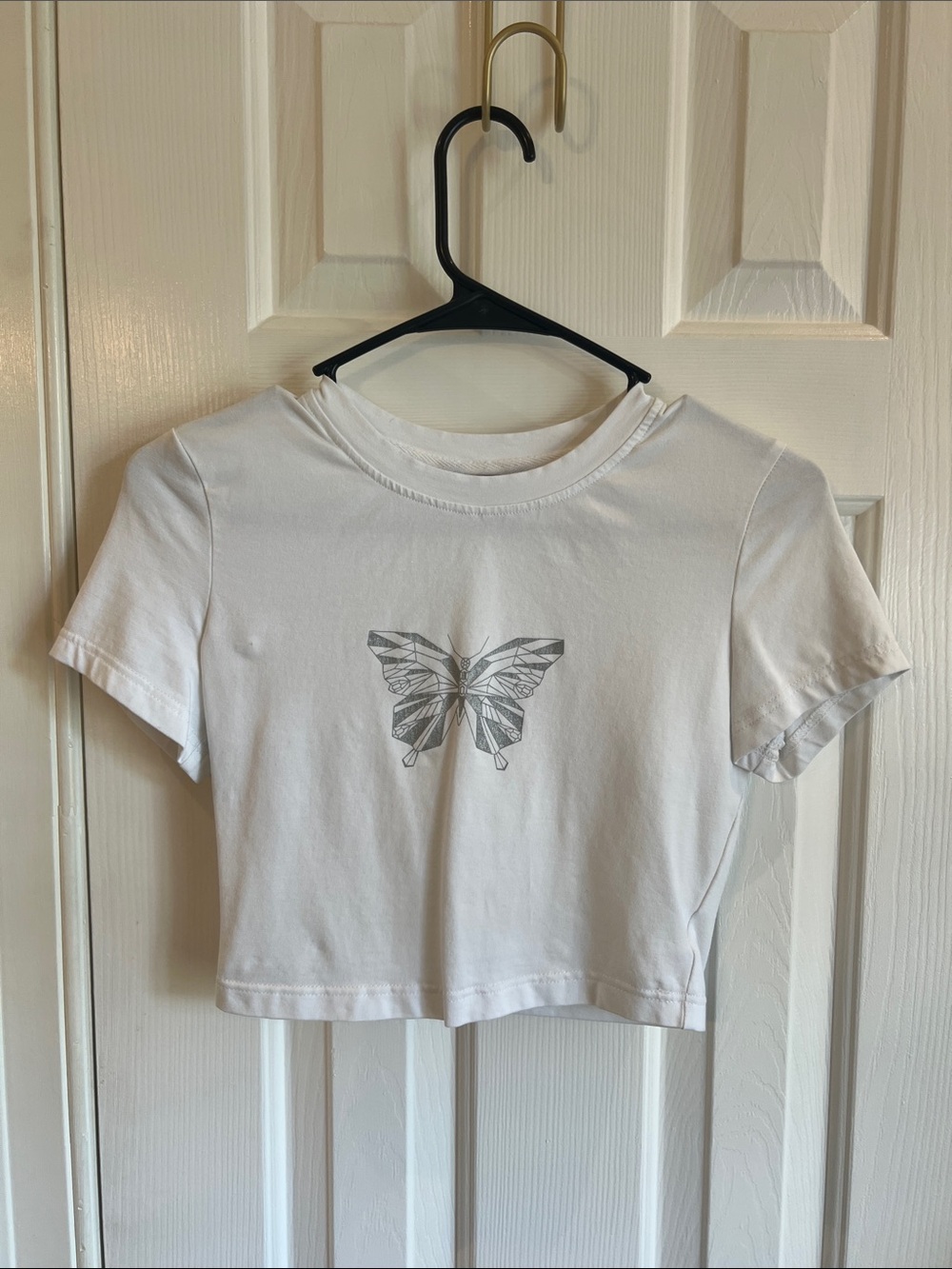 Silver Sparkly Butterfly Graphic Crop Top - Women